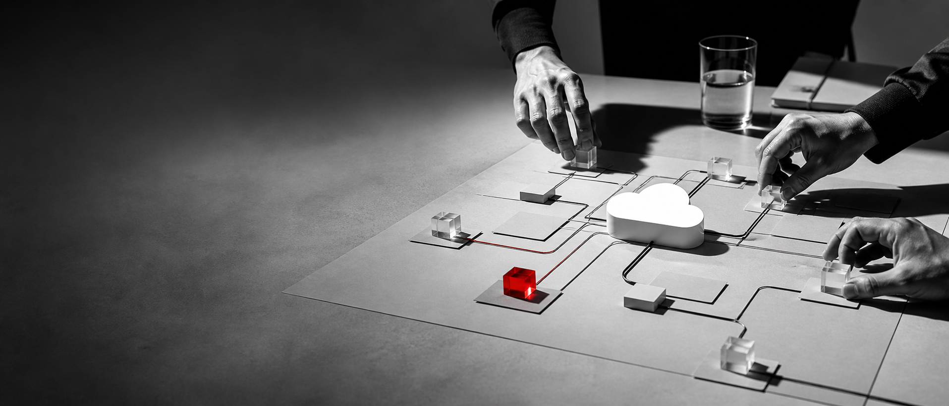 Diagrama abstracto de una arquitectura serverless con usuario, edge, datos e IA